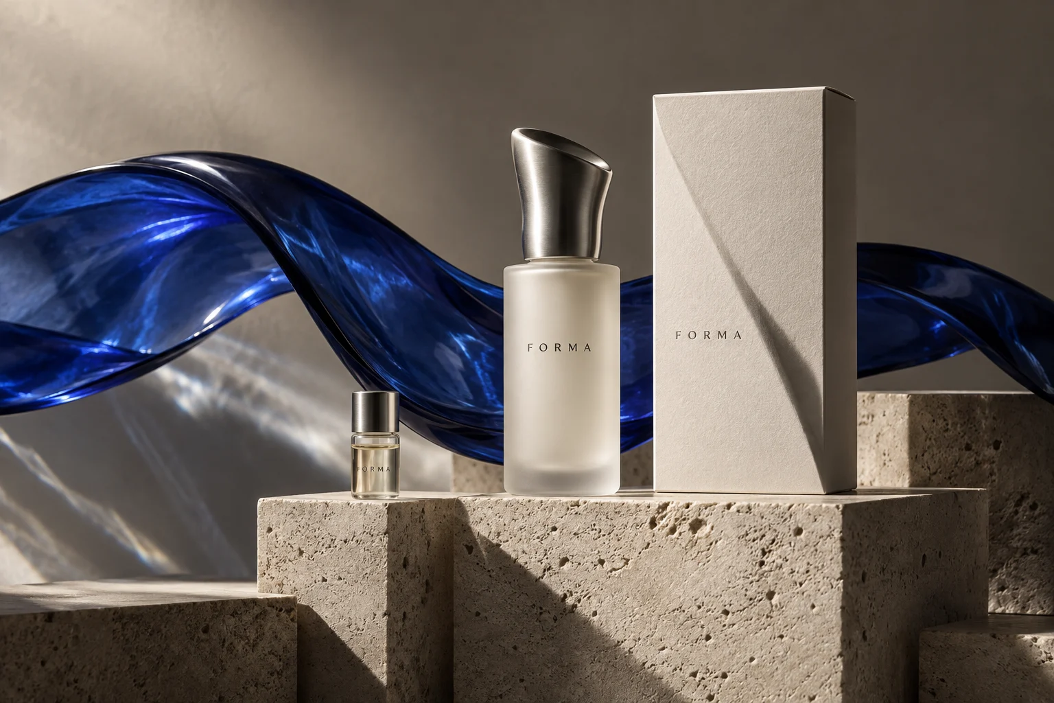 Original fictional FORMA campaign: serum, sample and carton on stone plinths with cobalt glass